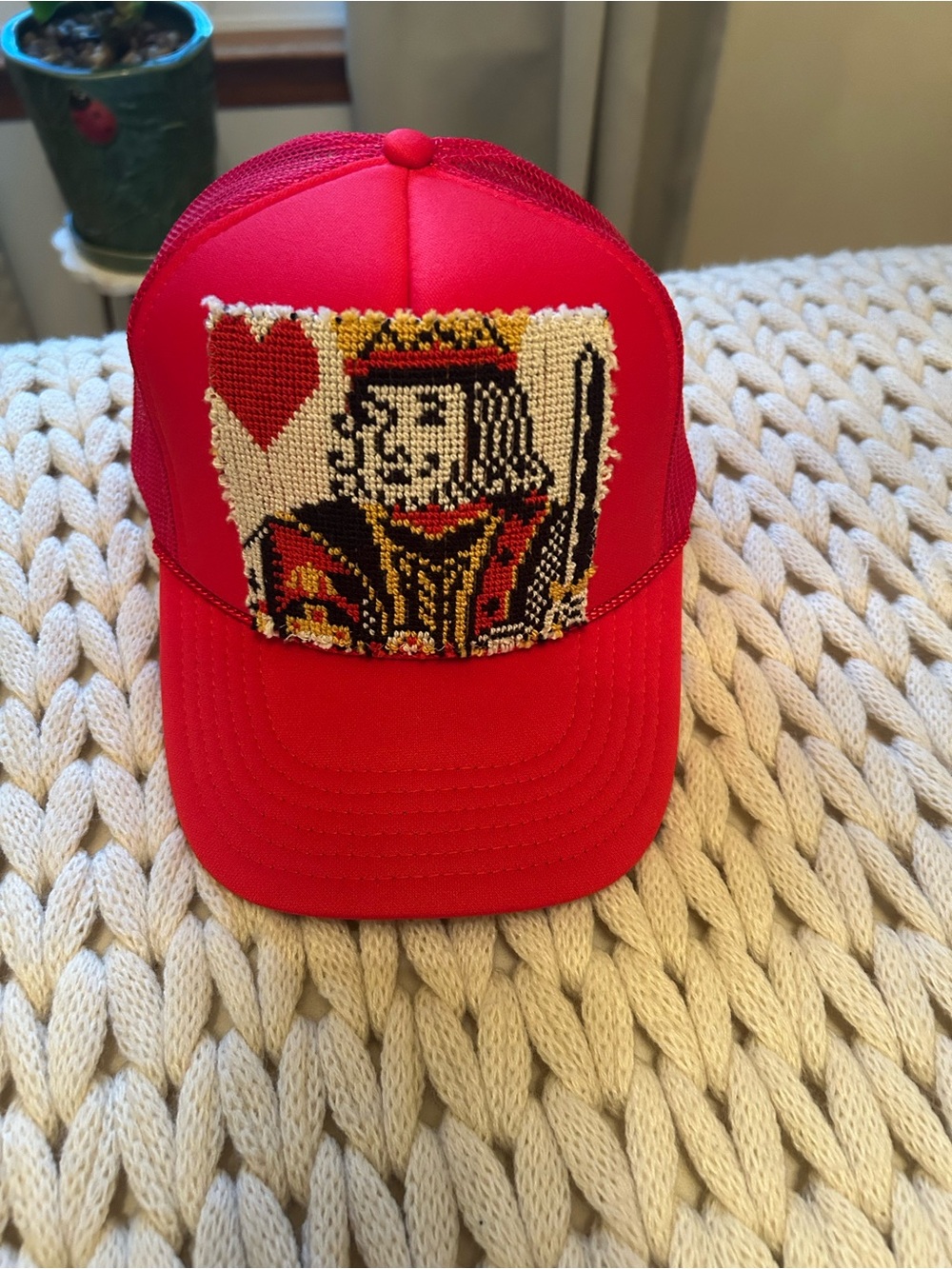 Red Trucker Hat with King of Hearts Patch